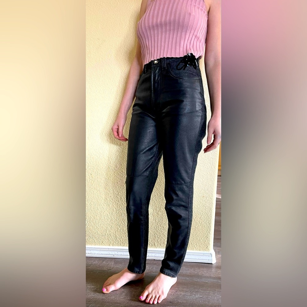 Vintage Versace Jeans Couture with Black Leather front, black denim back. RARE!